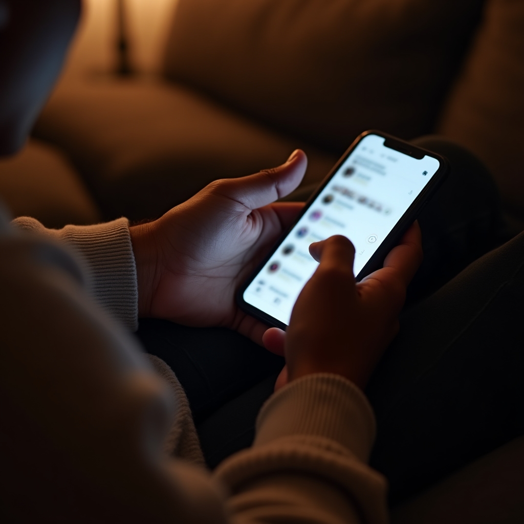 Detail rukou scrollujících feed na sociální síti na mobilním telefonu večer